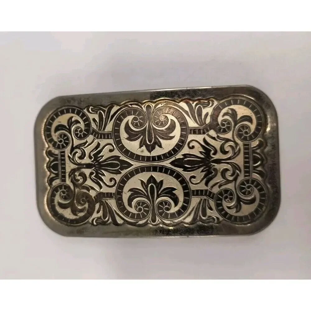 Vintage Nickel Plated Metal Western Cowboy Belt Buckle Rectangular